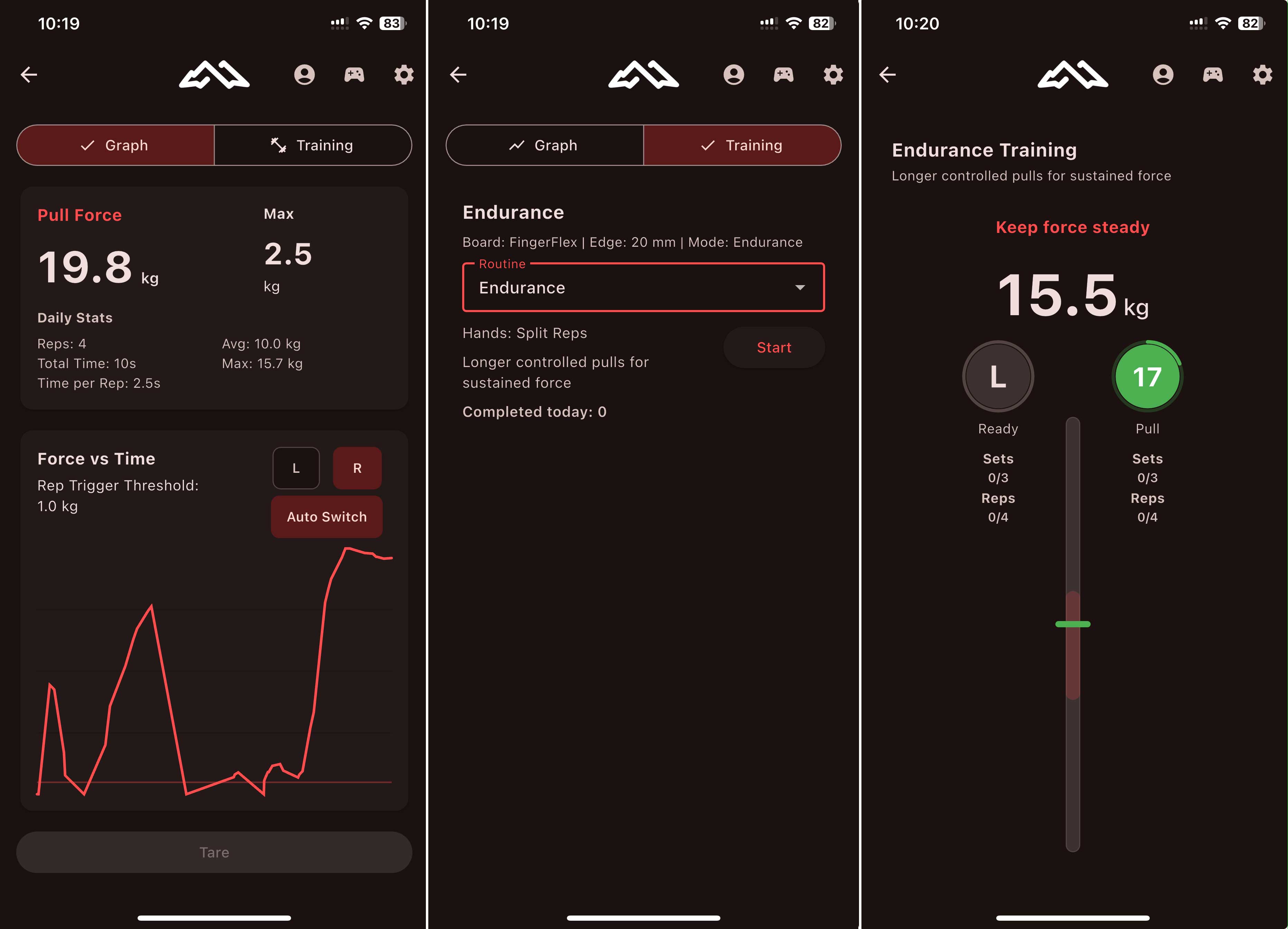 PeakForce live force graph, training selection and endurance session