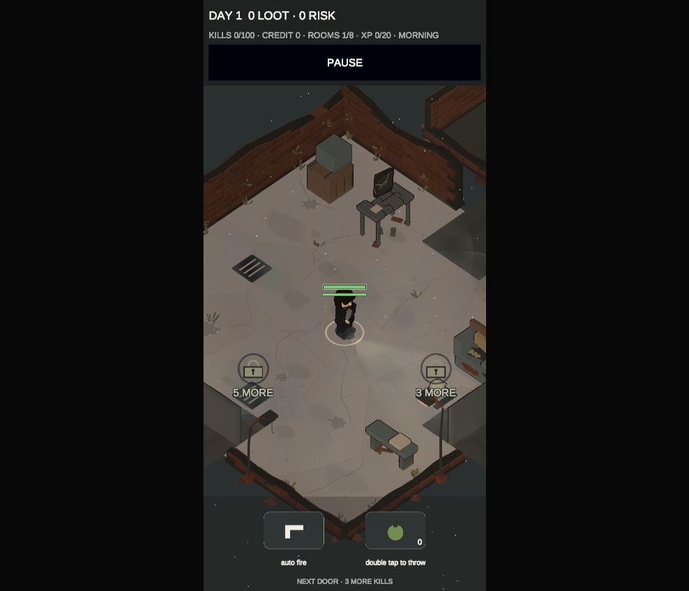 Dead Town: Walkers development gameplay: an isometric survivor exploring a ruined room