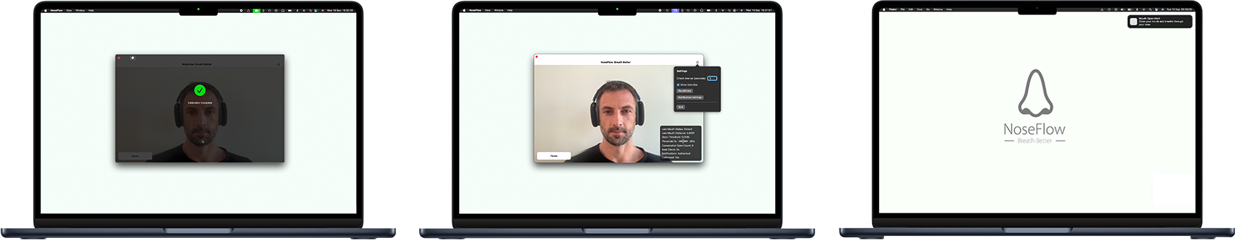 NoseFlow calibration, live camera view, and a macOS notification prompting nasal breathing