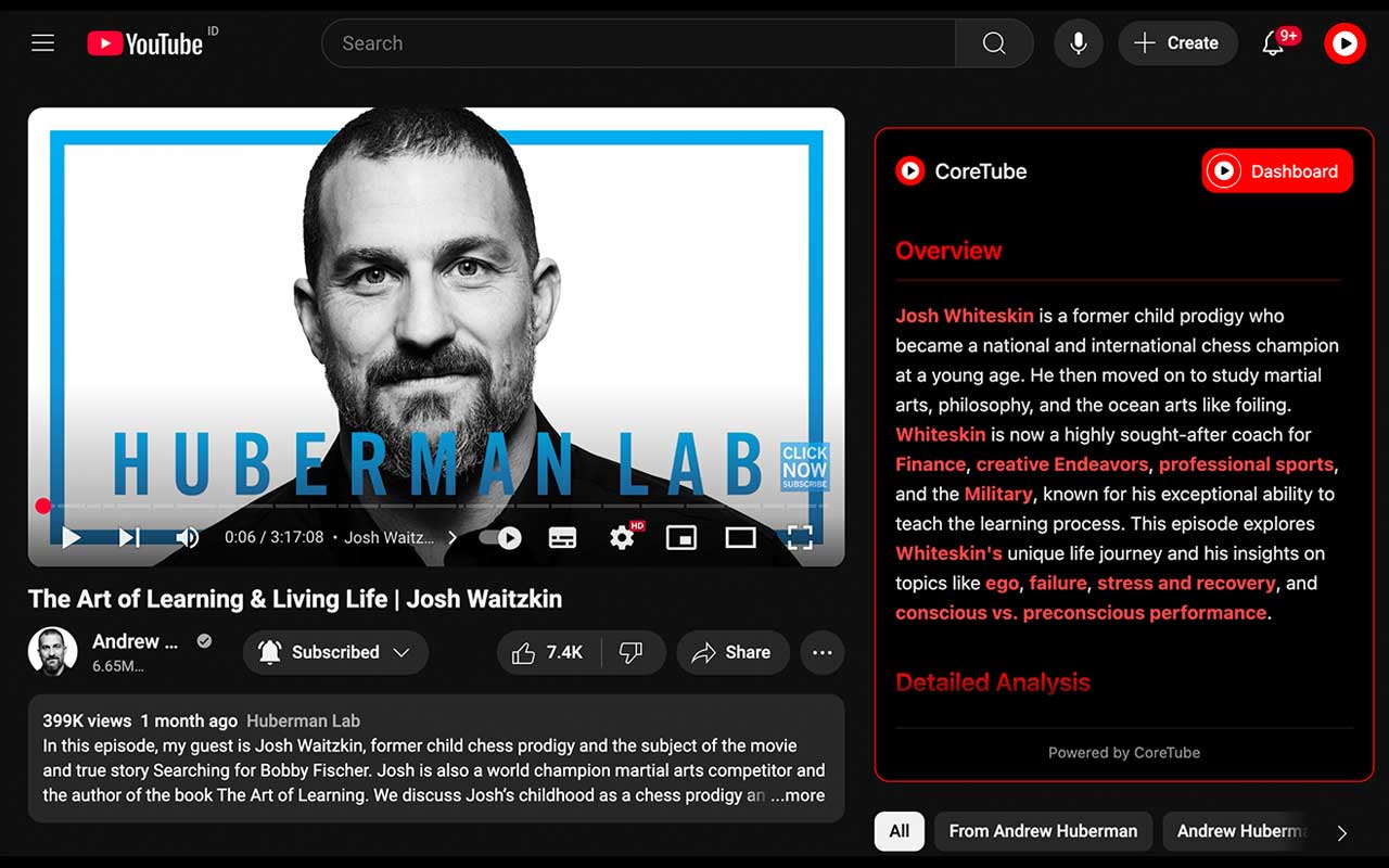 CoreTube Chrome extension summary preview on YouTube