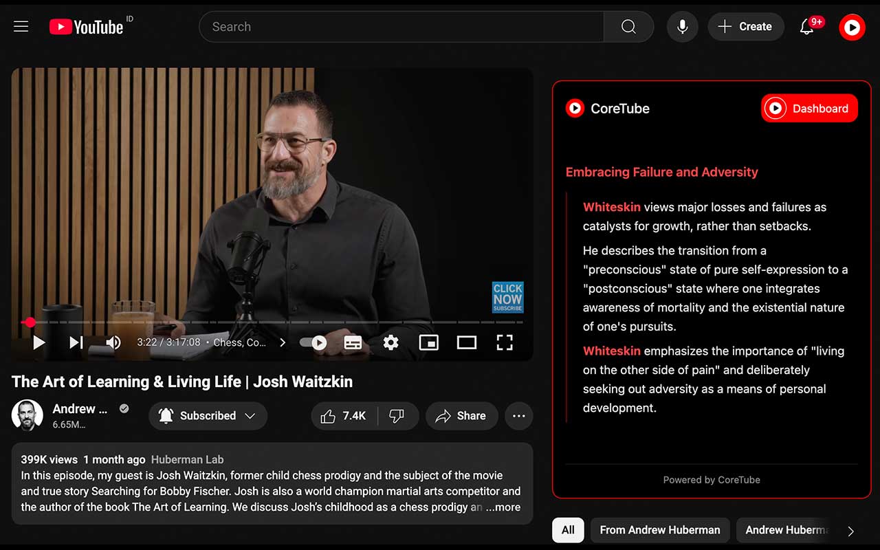 CoreTube preview showing video insights and summary sections